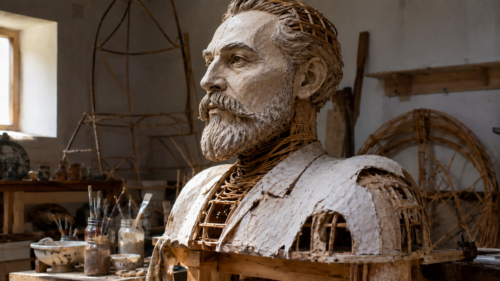 La tête inachevée d'une grande marionnette de procession posée sur un tréteau dans un atelier