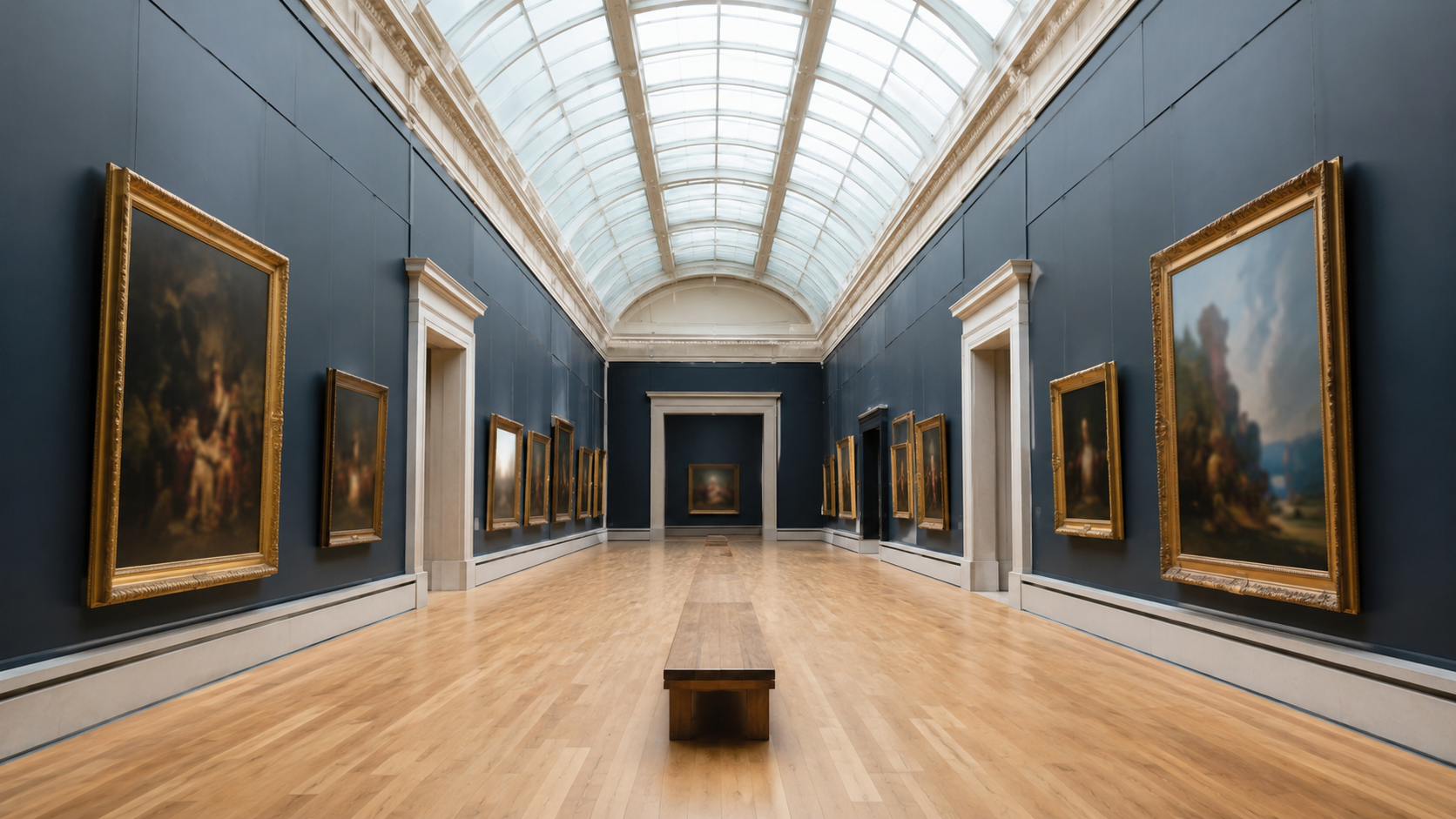 Une galerie de musée sous verrière, tableaux anciens sur des murs colorés et parquet éclairé par la lumière du jour