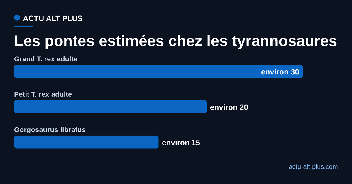 Nombre d'œufs estimé par ponte chez les tyrannosaures : grand T. rex adulte, petit T. rex adulte et Gorgosaurus libratus