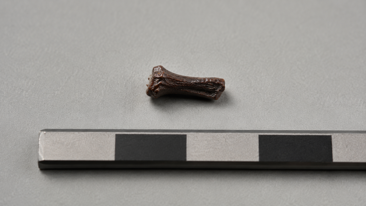 Un petit os fossile de pied, brun sombre, posé sur un plateau de musée neutre à côté d'une réglette métrique