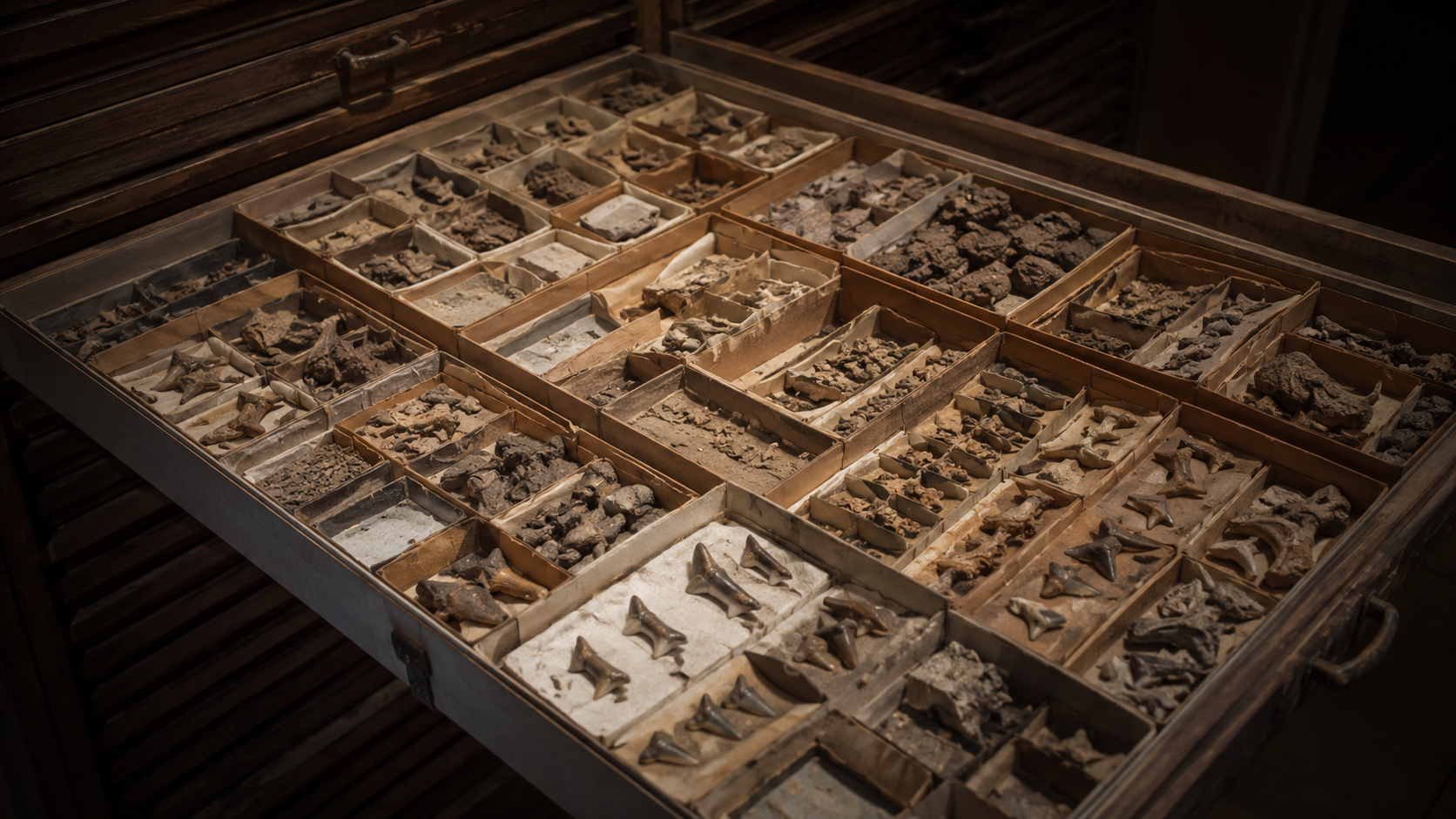 Un tiroir de collection de musée ouvert, rempli de petits compartiments contenant des fragments fossiles et des dents isolées