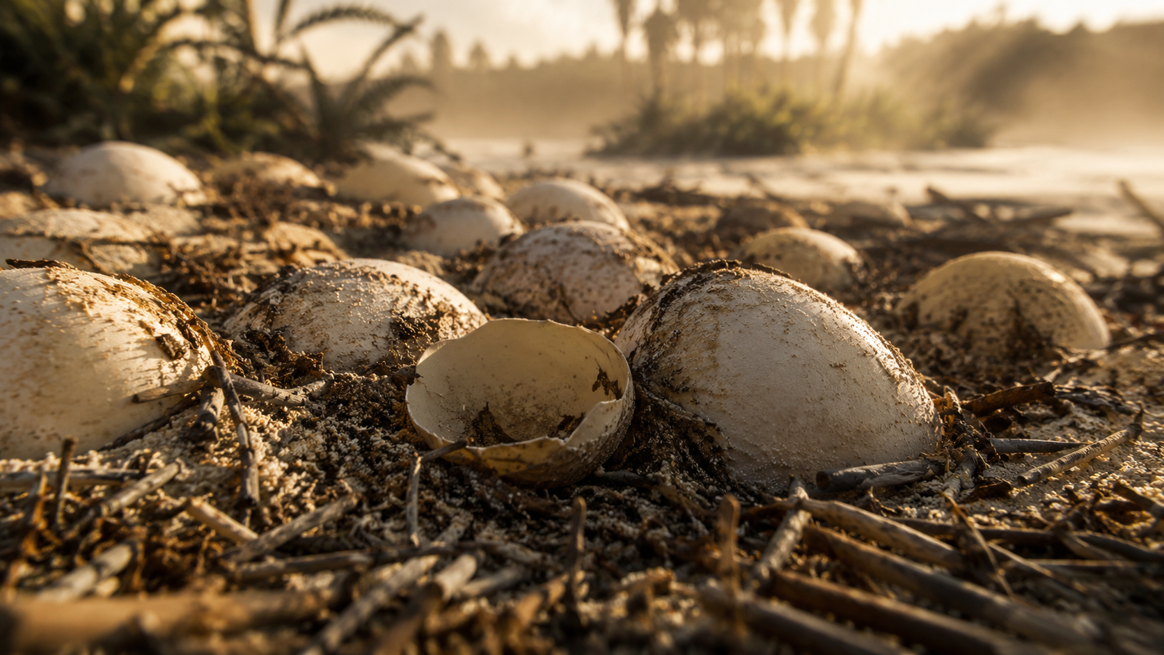 Une grappe de gros œufs pâles à demi enfouis dans le sable, dont une coquille fendue et vide