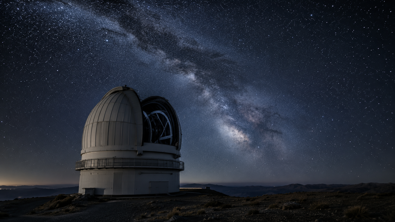 Une grande coupole d'observatoire astronomique, fente ouverte de nuit sous un ciel très étoilé et la Voie lactée