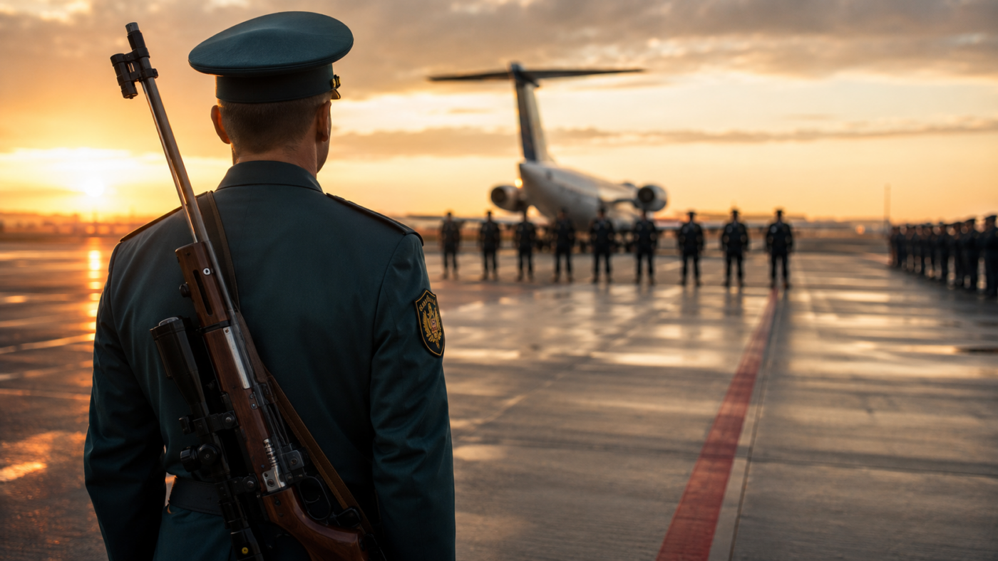 Athlète anonyme en uniforme de service sur un tarmac, carabine de biathlon à l'épaule