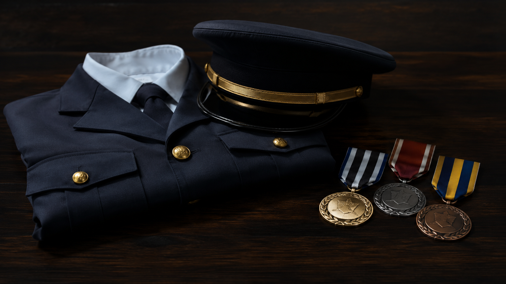 Uniforme de service plié posé à côté de médailles sportives sur une table sombre