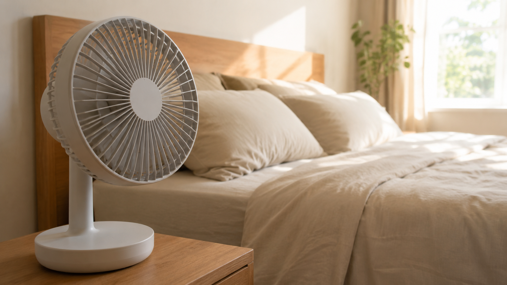 Un ventilateur portable ordinaire posé près d'un lit dans une chambre lumineuse