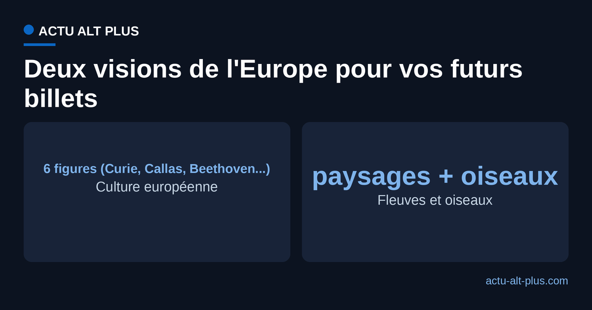 Les deux thèmes proposés par la BCE pour les futurs billets en euros : culture européenne (six figures dont Marie Curie) contre fleuves et oiseaux.