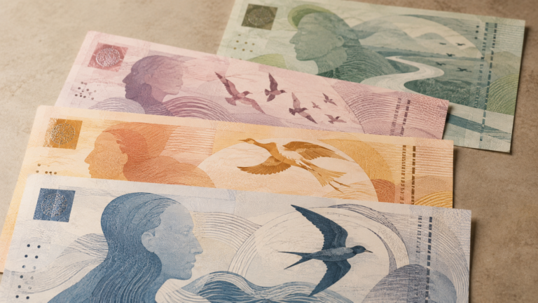 Billets génériques pastel évoquant l'euro étalés en éventail, motifs abstraits de portraits, oiseaux et fleuves