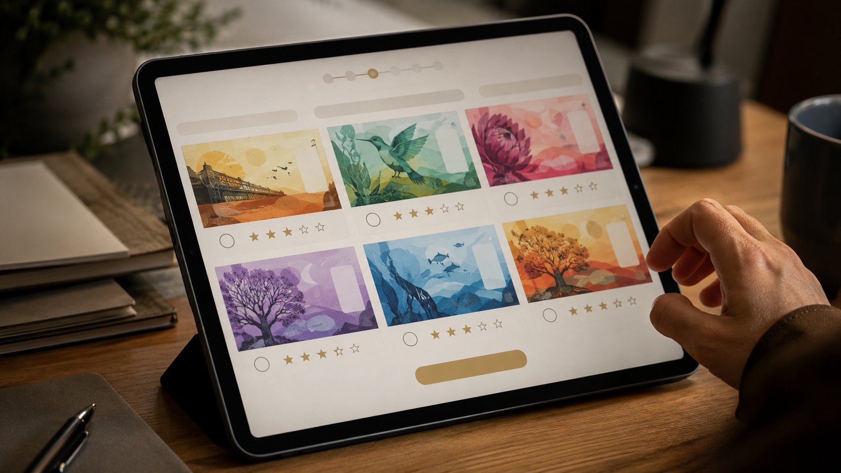 Main au-dessus d'une tablette affichant une interface de vote avec des vignettes de billets stylisés