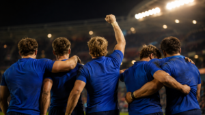 De jeunes joueurs de rugby vus de dos célèbrent une qualification dans un stade éclairé la nuit