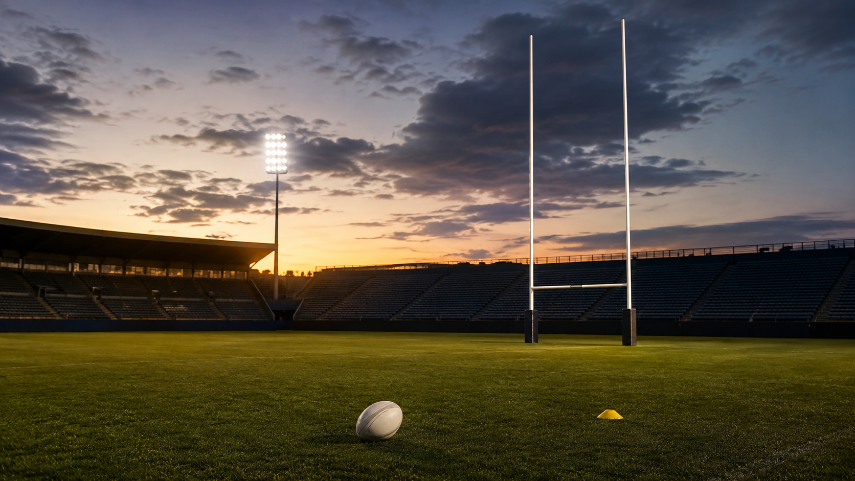 Terrain de rugby vide au crépuscule, un poteau éclairé et un ballon seul sur la pelouse