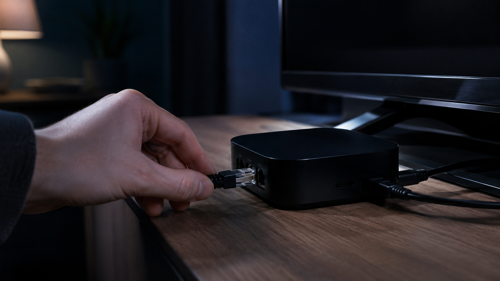 Gros plan sur une main débranchant le câble réseau d'un petit boîtier de streaming noir la nuit, sans visage