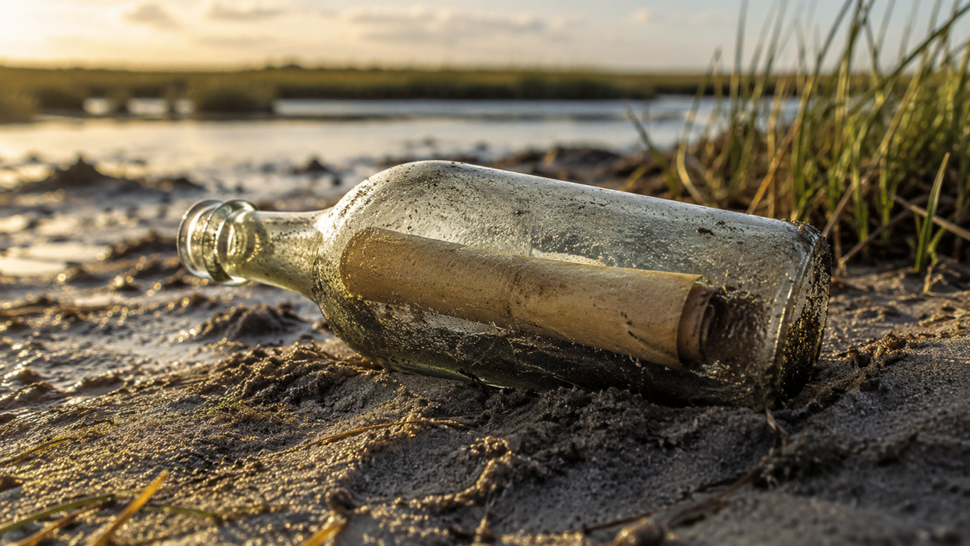 Vieille bouteille de verre à demi enfouie dans le sable en bordure de marais salant, un papier roulé illisible visible à l'intérieur