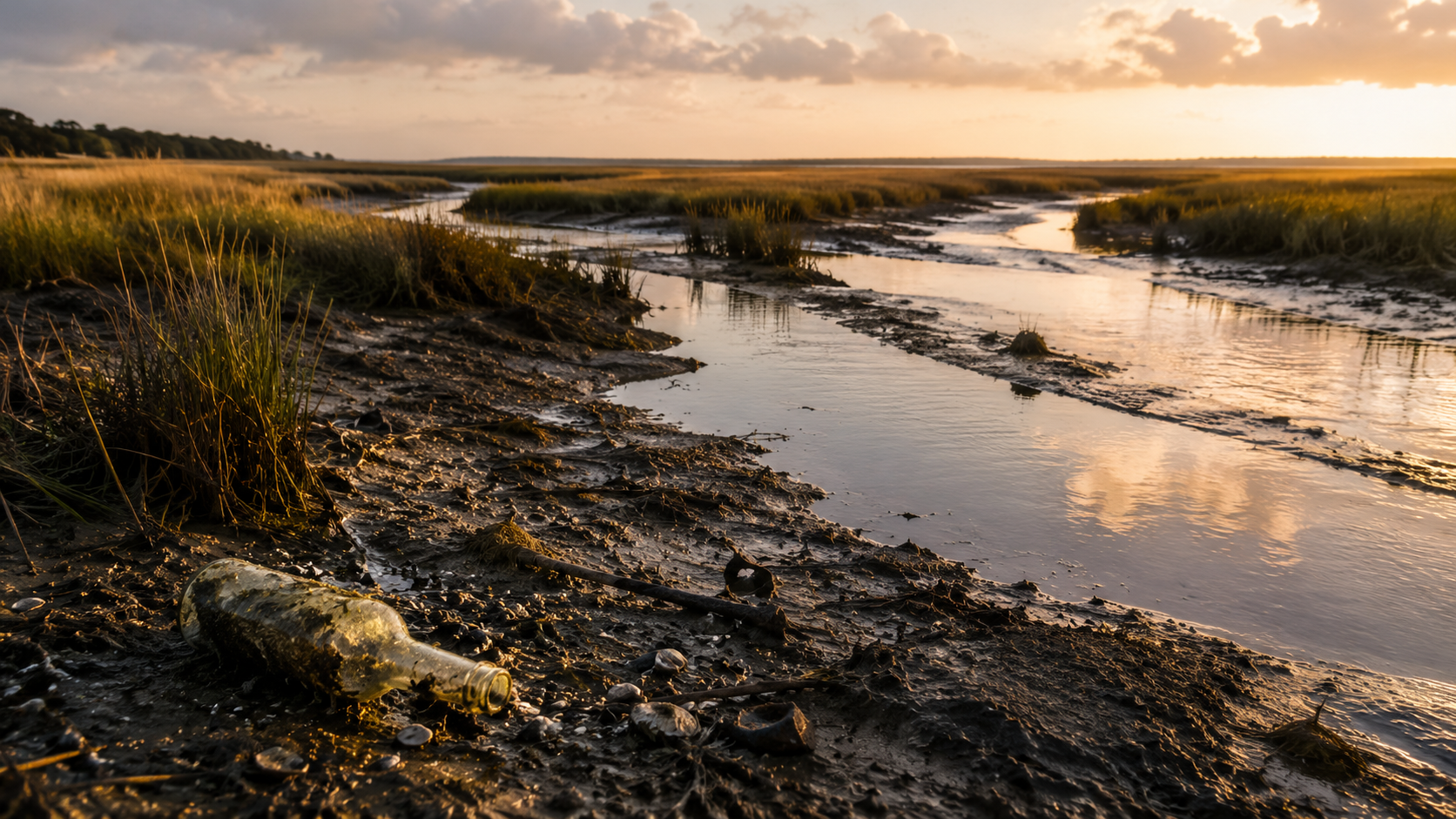 Marais salant côtier en fin de journée, chenaux d'eau saumâtre entre les herbes basses et débris échoués sur une berge vaseuse