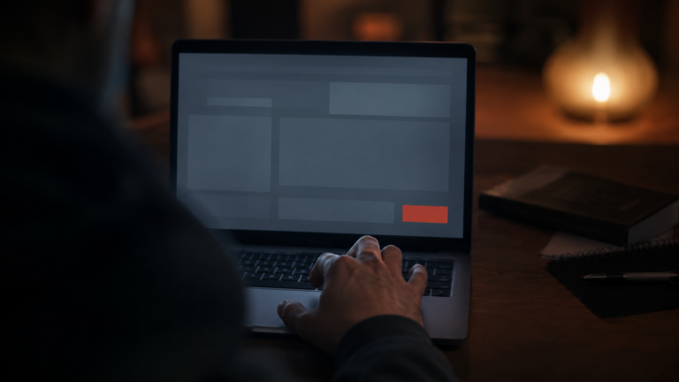 Une main au-dessus du trackpad d'un ordinateur portable, un bouton rouge visible en bas à droite de l'écran