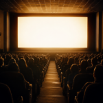 Salle de cinéma presque pleine vue des premiers rangs, spectateurs de dos en silhouettes devant un grand écran lumineux