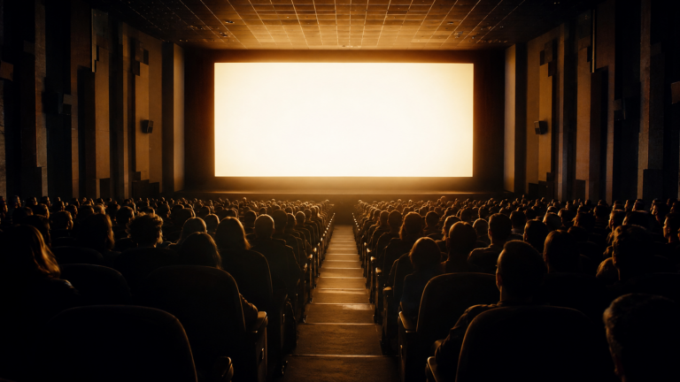 Salle de cinéma presque pleine vue des premiers rangs, spectateurs de dos en silhouettes devant un grand écran lumineux