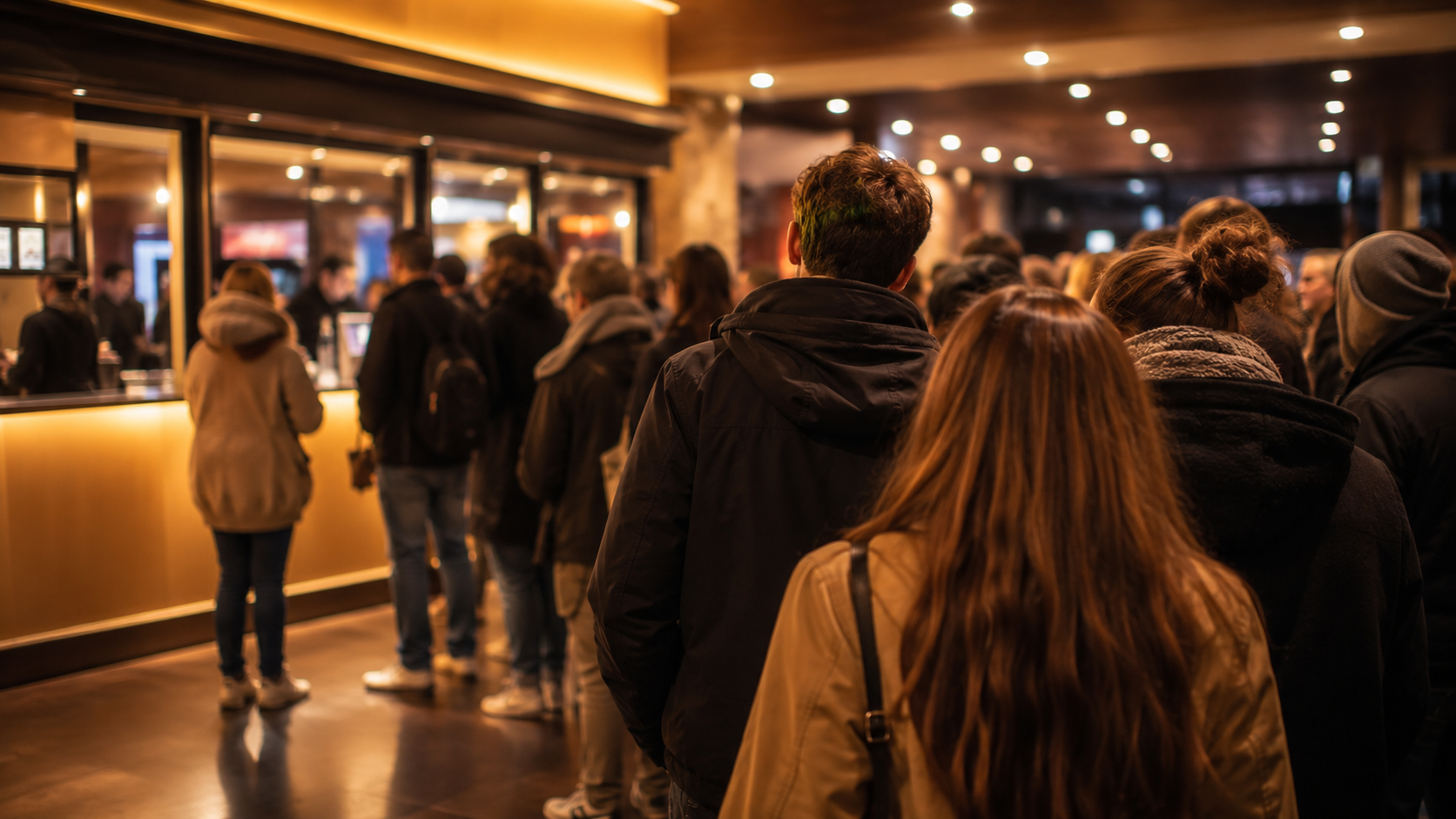 File d'attente au guichet d'un cinéma en soirée, personnes de dos devant un comptoir éclairé