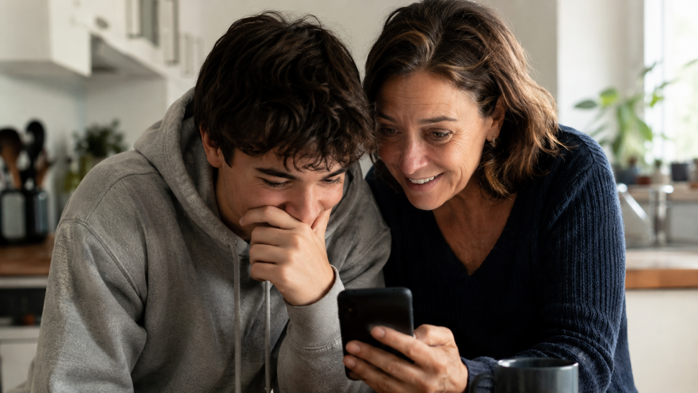 Un adolescent et un parent consultent ensemble un résultat sur un téléphone dans une cuisine
