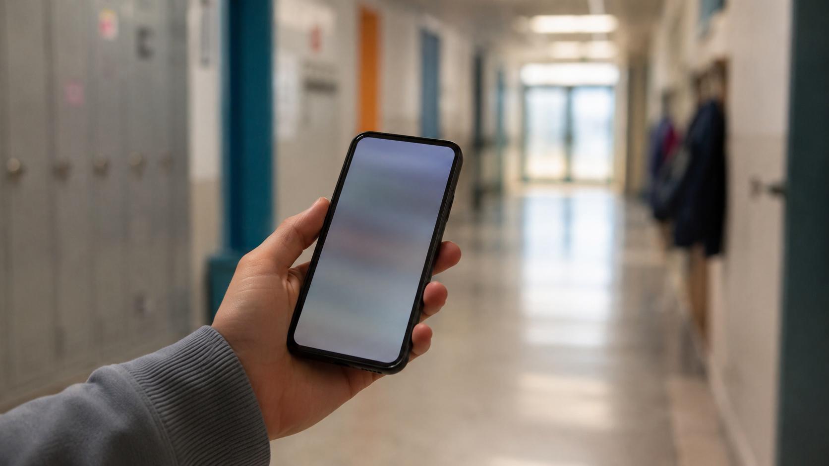 Gros plan d'une main tenant un téléphone à écran neutre dans un couloir de collège