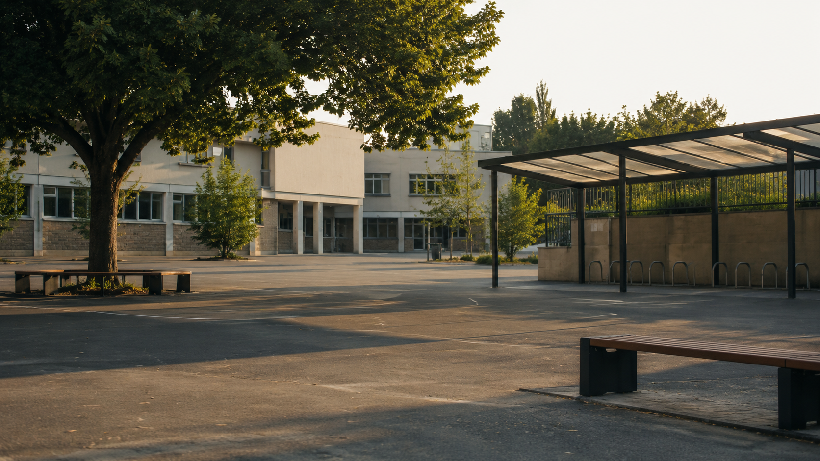 Cour de collège vide et ensoleillée en été, bancs déserts