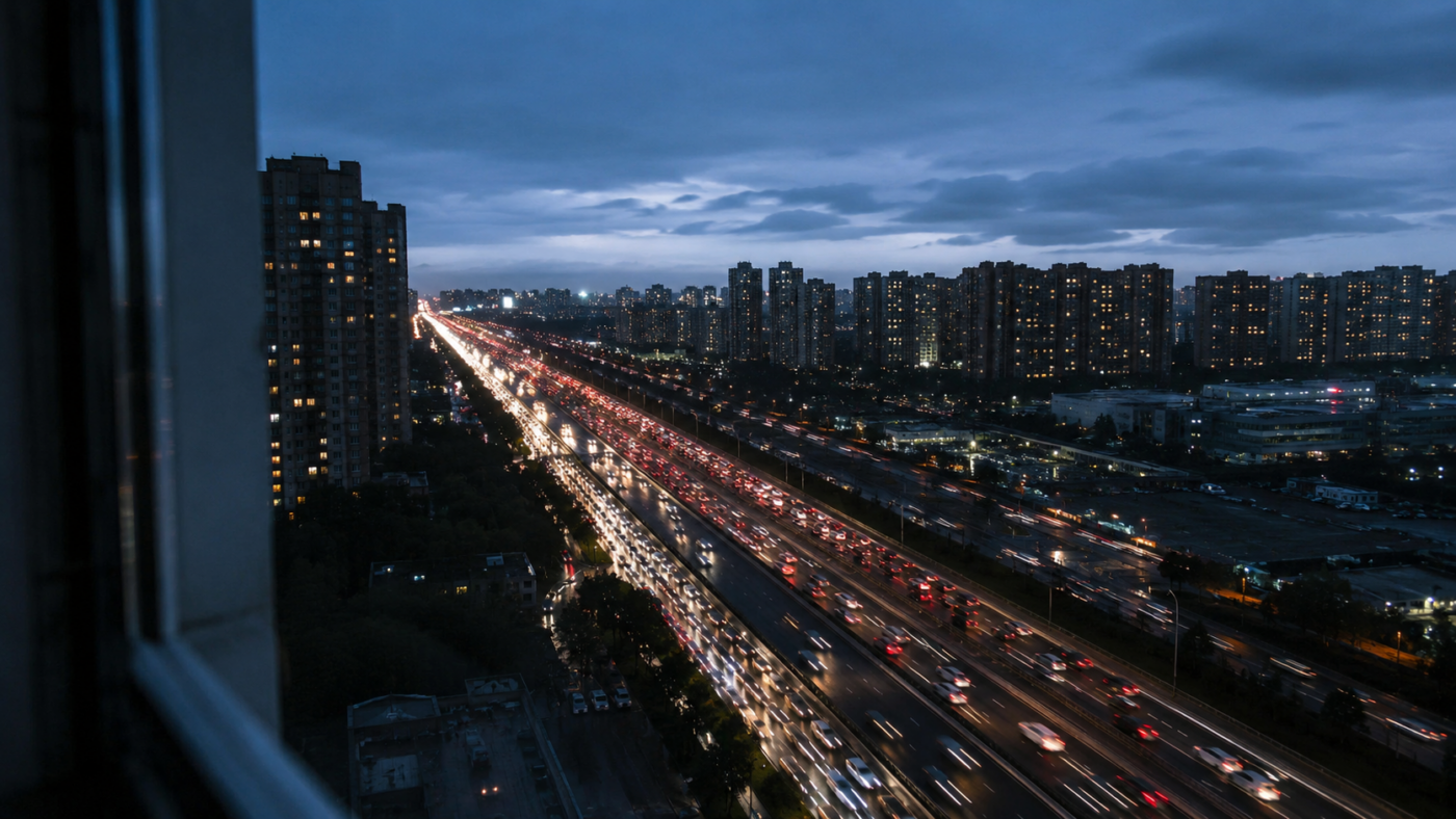 Une autoroute urbaine dense au crepuscule vue depuis une fenetre d'immeuble, traits de lumiere des voitures
