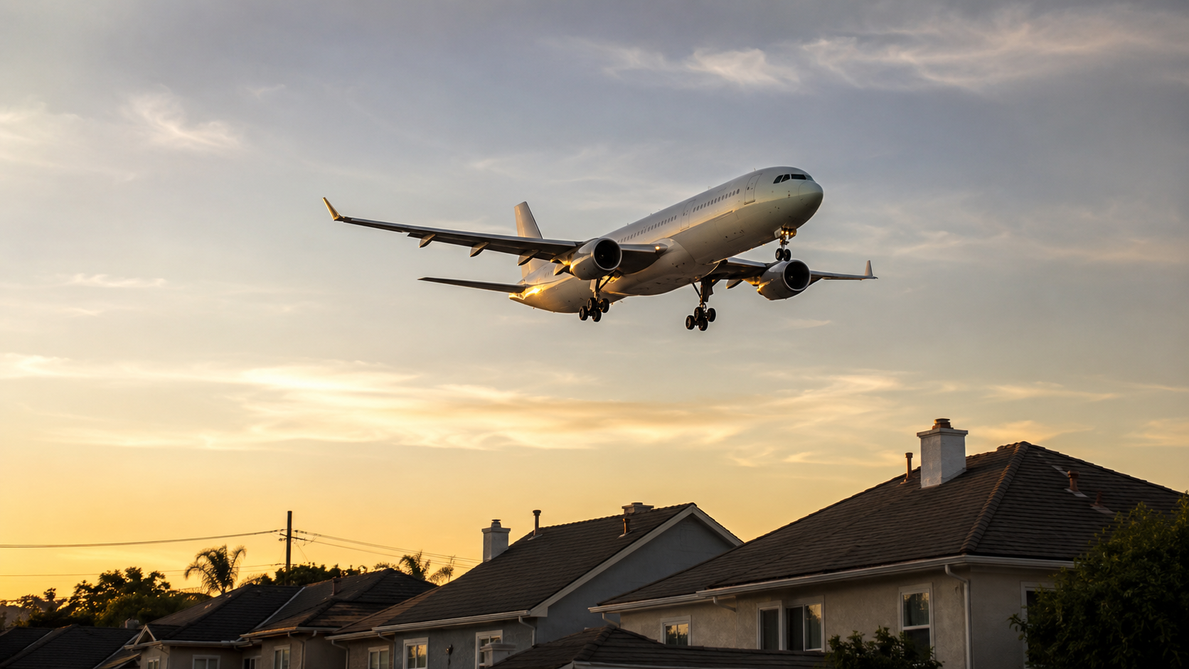 Un avion de ligne en approche passe bas au-dessus des toits d'un quartier residentiel