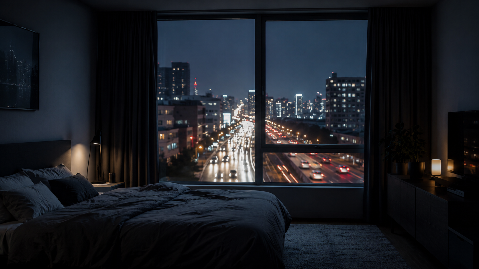 La fenetre d'un appartement la nuit donnant sur un axe routier passant, chambre sombre au premier plan
