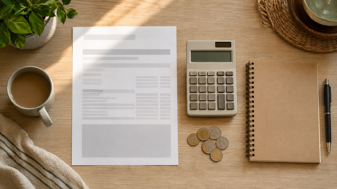 Table de cuisine avec une facture d'electricite, une calculatrice, des pieces et un cahier d'ecolier