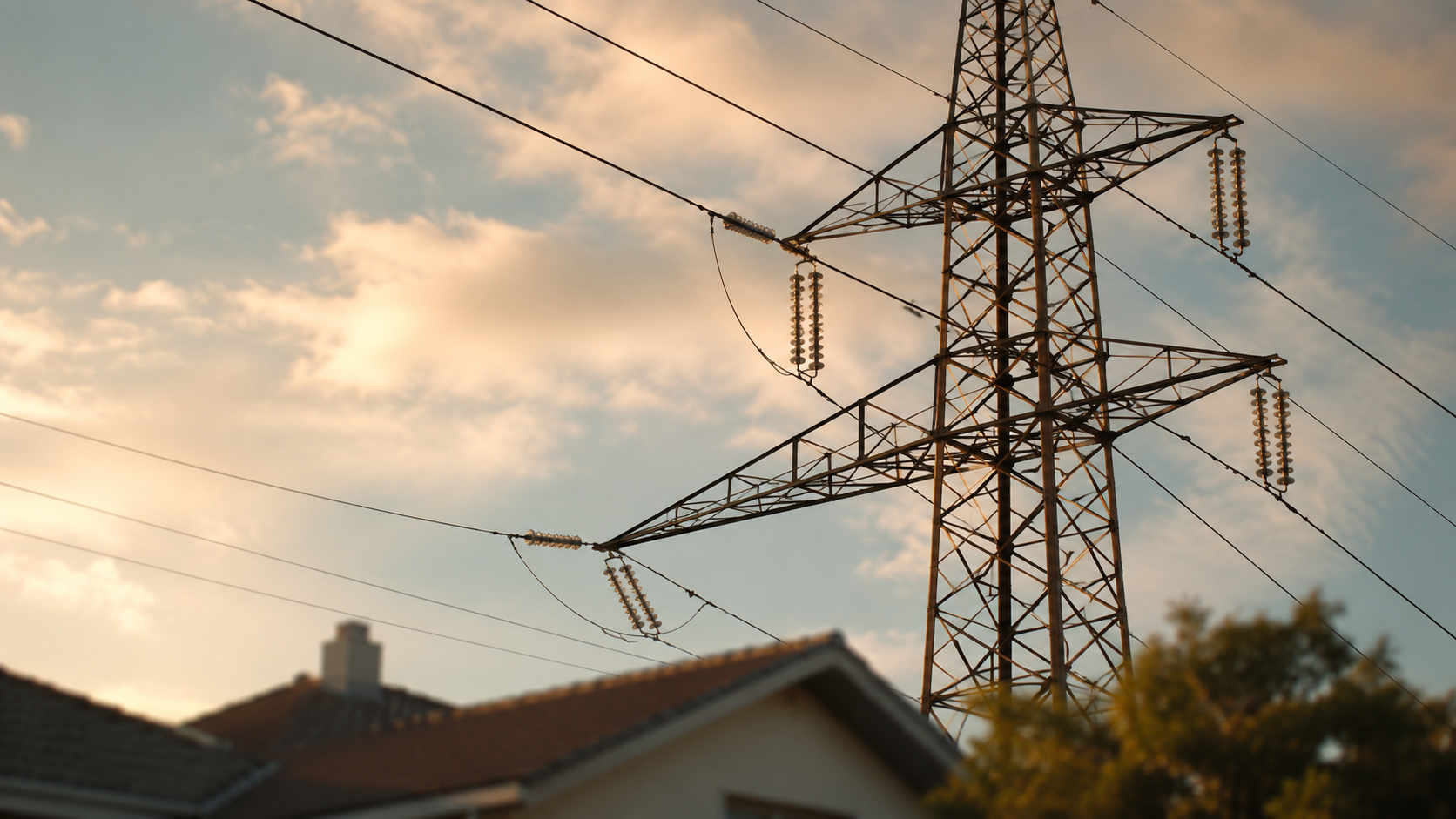 Pylone electrique et lignes a haute tension sous un ciel d'ete a l'heure doree
