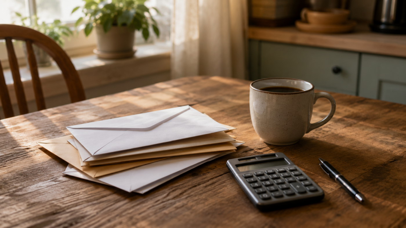 Table de cuisine avec une pile d'enveloppes fermées, une calculatrice de poche, un stylo et une tasse de café, sans aucun texte lisible.