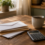Table de cuisine avec une pile d'enveloppes fermées, une calculatrice de poche, un stylo et une tasse de café, sans aucun texte lisible.