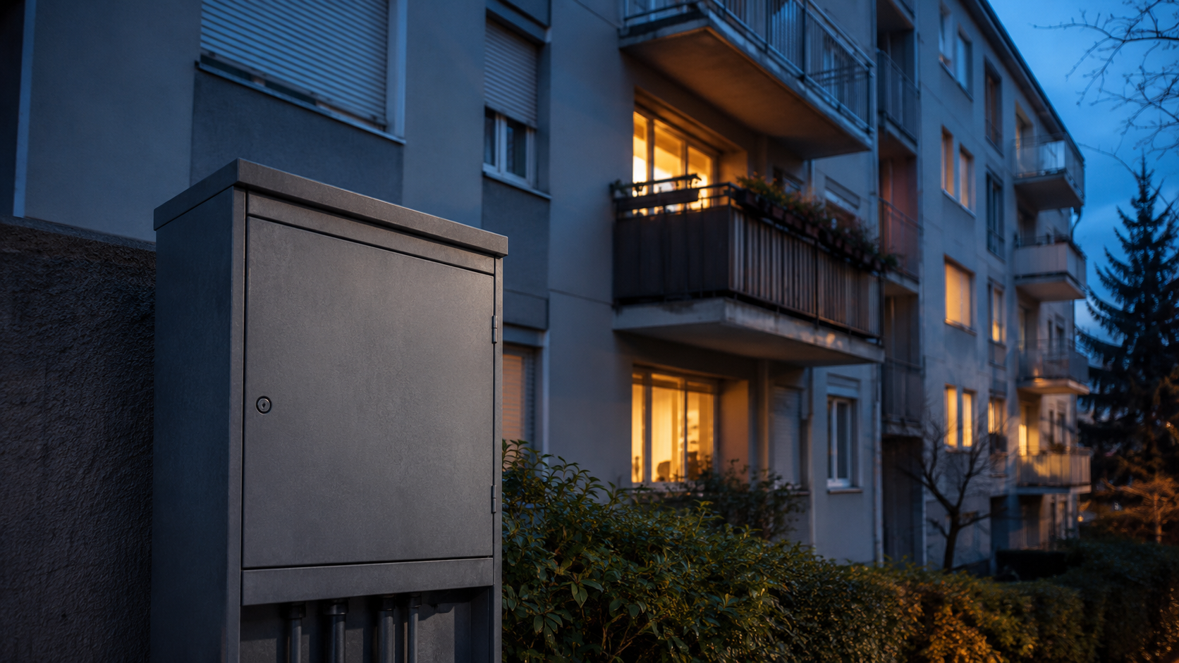 Façade d'immeuble d'habitation éclairée à la tombée du jour avec un coffret de compteur électrique fermé au premier plan.