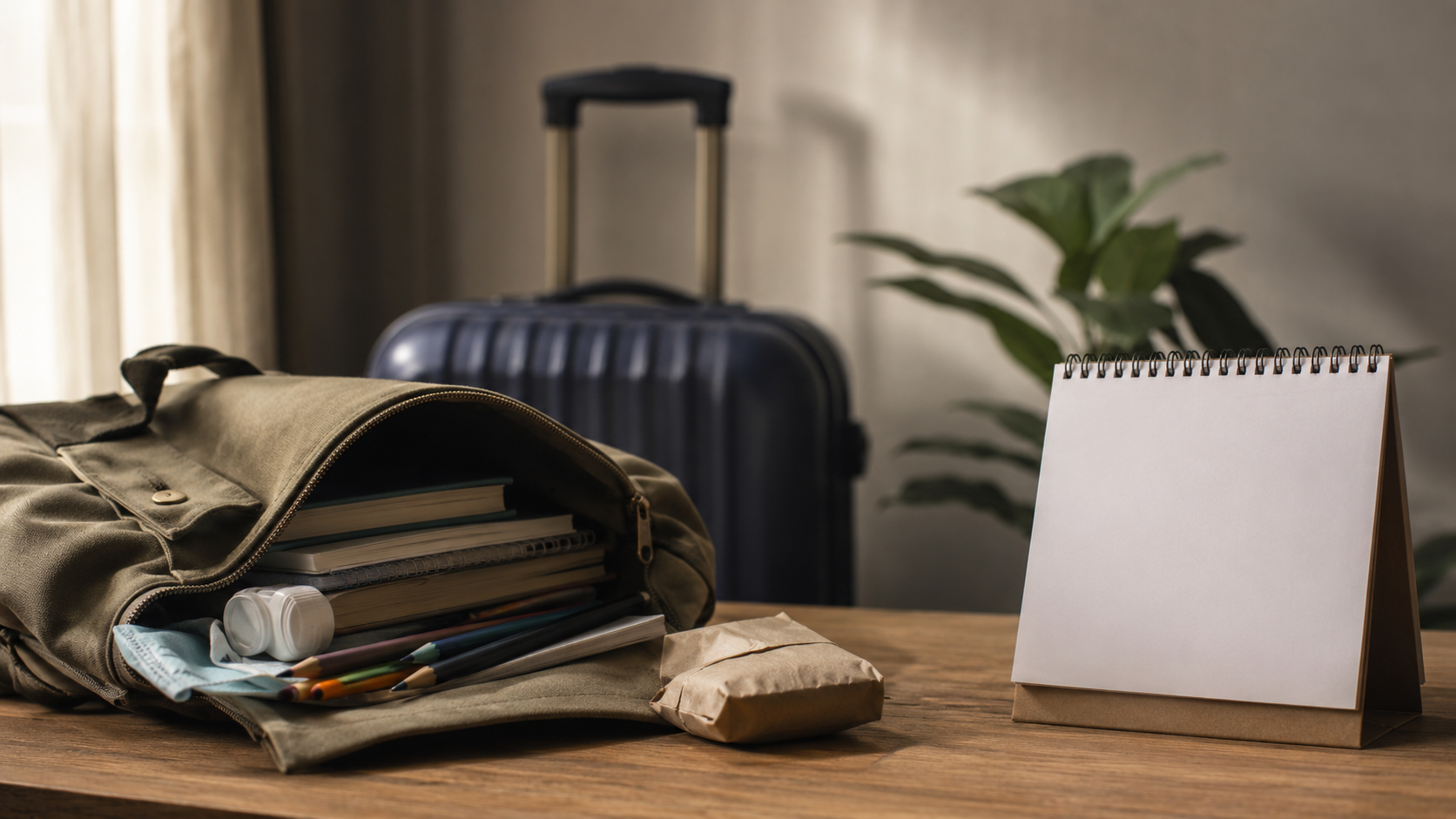 Nature morte sur un bureau en bois : cartable ouvert, sachet de papier plié, poignée de valise floue et calendrier mural aux pages vierges.