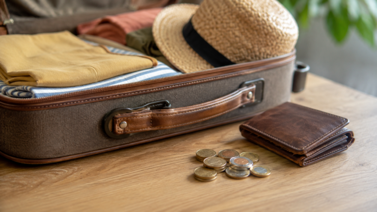 Petite valise ouverte avec vetements d'ete et chapeau de paille, pres d'un portefeuille et de pieces d'euro