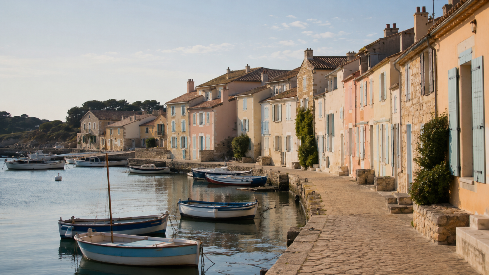 Village cotier francais paisible en ete, petit port avec quelques barques et maisons pastel