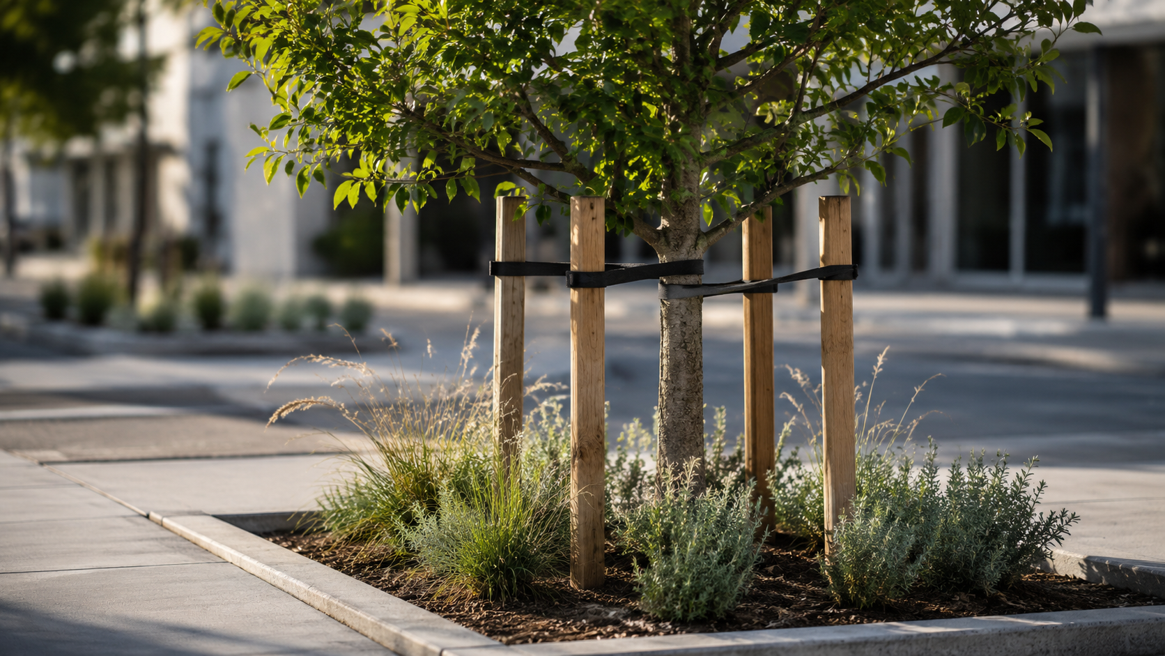 Un jeune arbre resistant a la secheresse plante dans une large fosse le long d'un trottoir