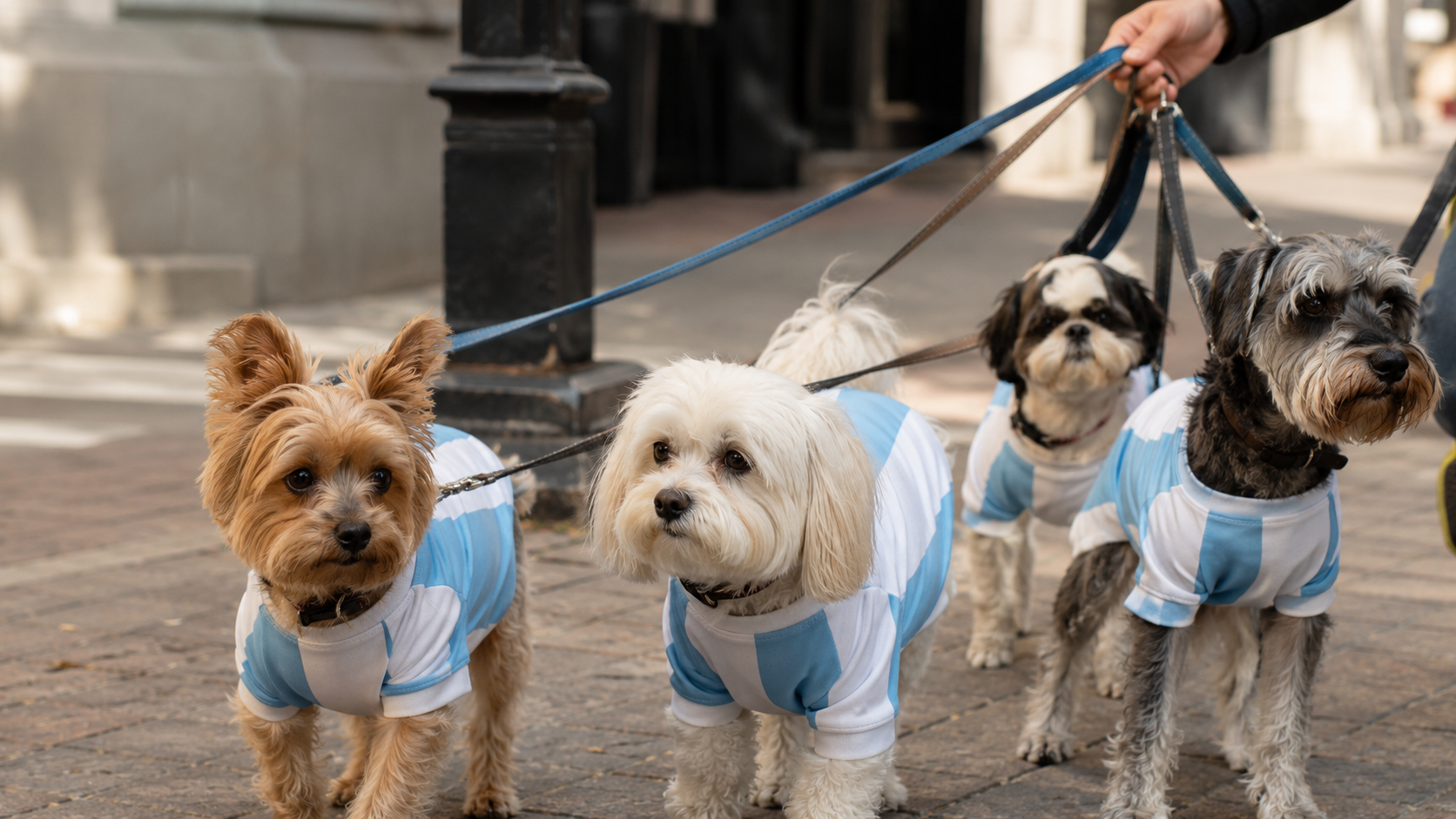 Petits chiens en maillots bleu ciel et blanc tenus en laisse sur un trottoir