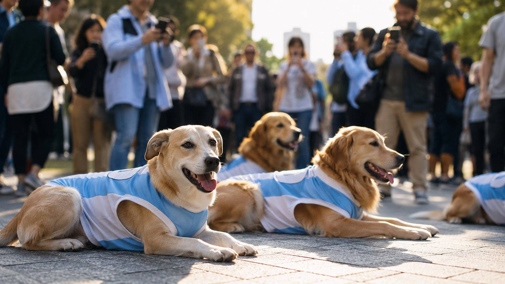 Chiens en maillots bleu ciel et blanc sur un trottoir ensoleillé, passants flous en arrière-plan