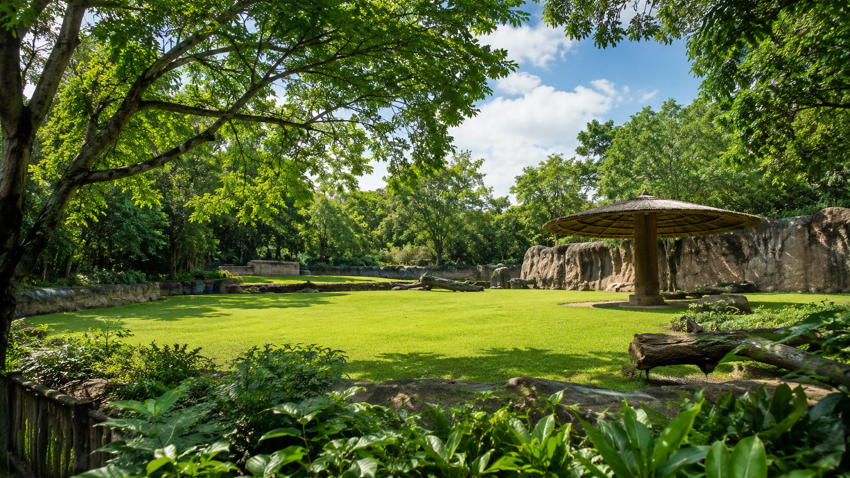 Un enclos de zoo verdoyant et spacieux, herbe, arbres et abri ombragé
