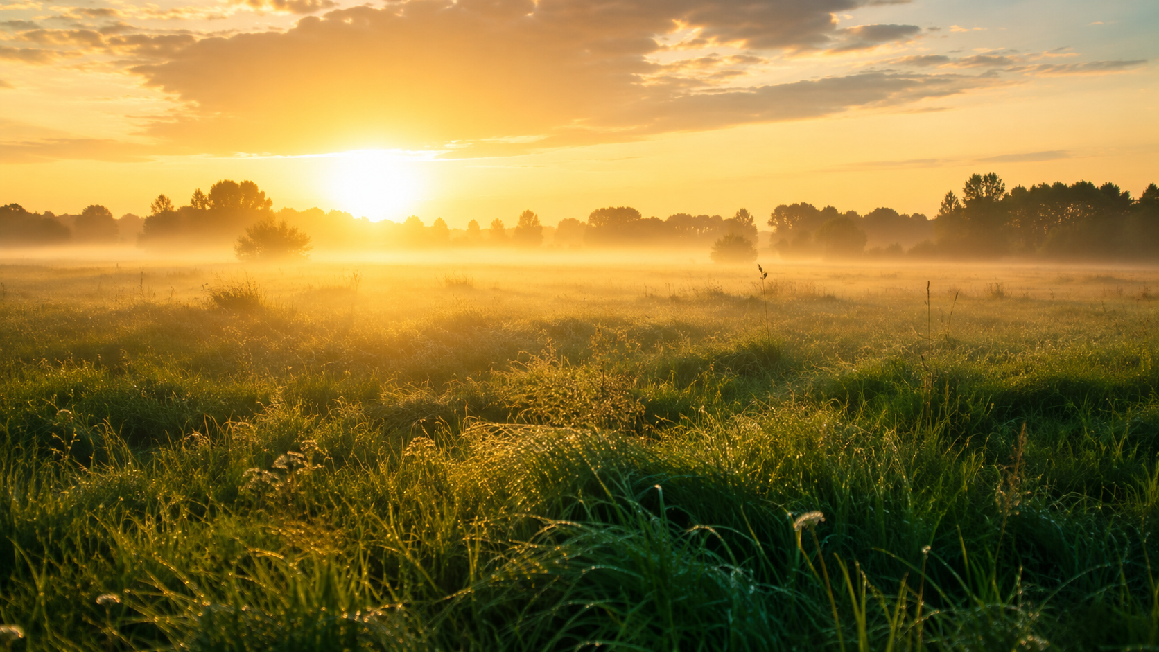 Une prairie verte au petit matin baignée d'une lumière dorée et d'une brume basse