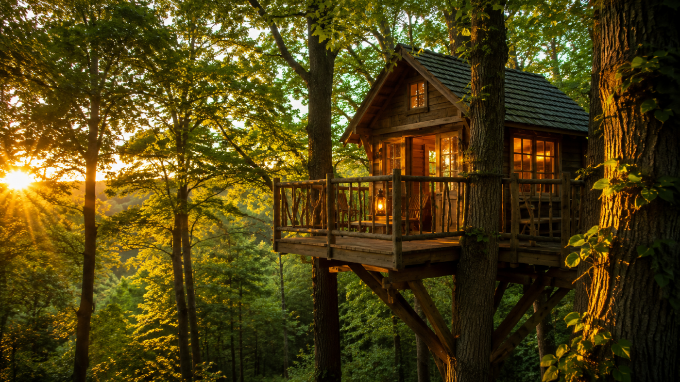 Une cabane en bois perchée parmi de grands arbres à l'heure dorée, avec une petite terrasse et une lanterne
