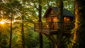 Une cabane en bois perchée parmi de grands arbres à l'heure dorée, avec une petite terrasse et une lanterne