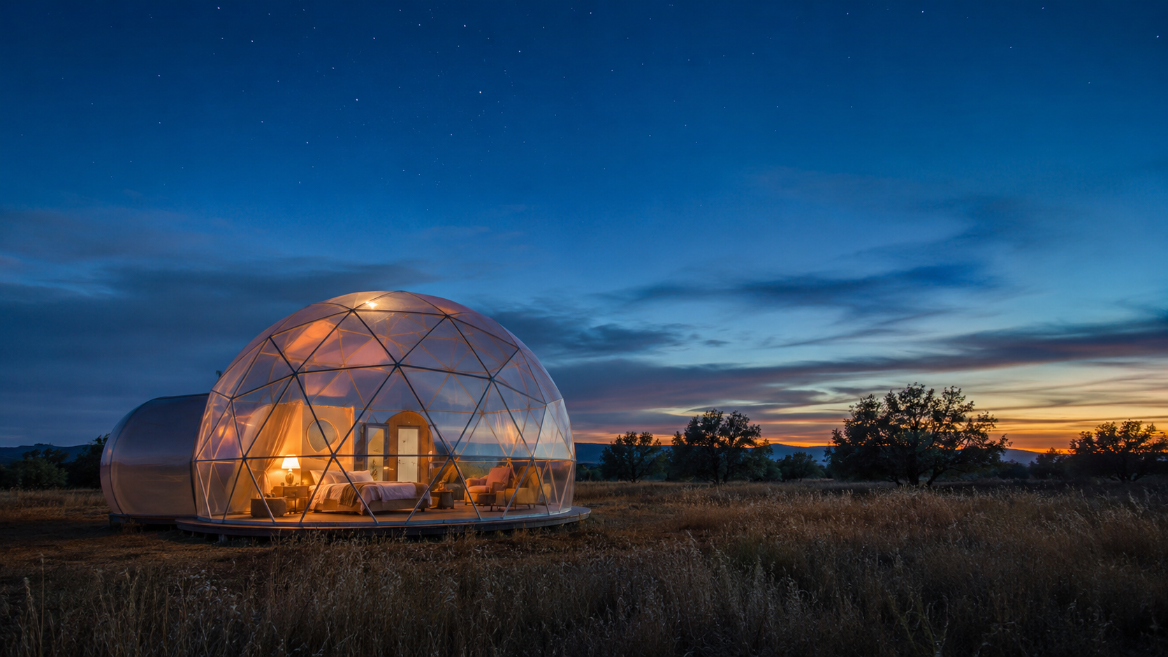 Une bulle transparente éclairée de l'intérieur, posée dans une prairie au crépuscule sous un ciel étoilé naissant