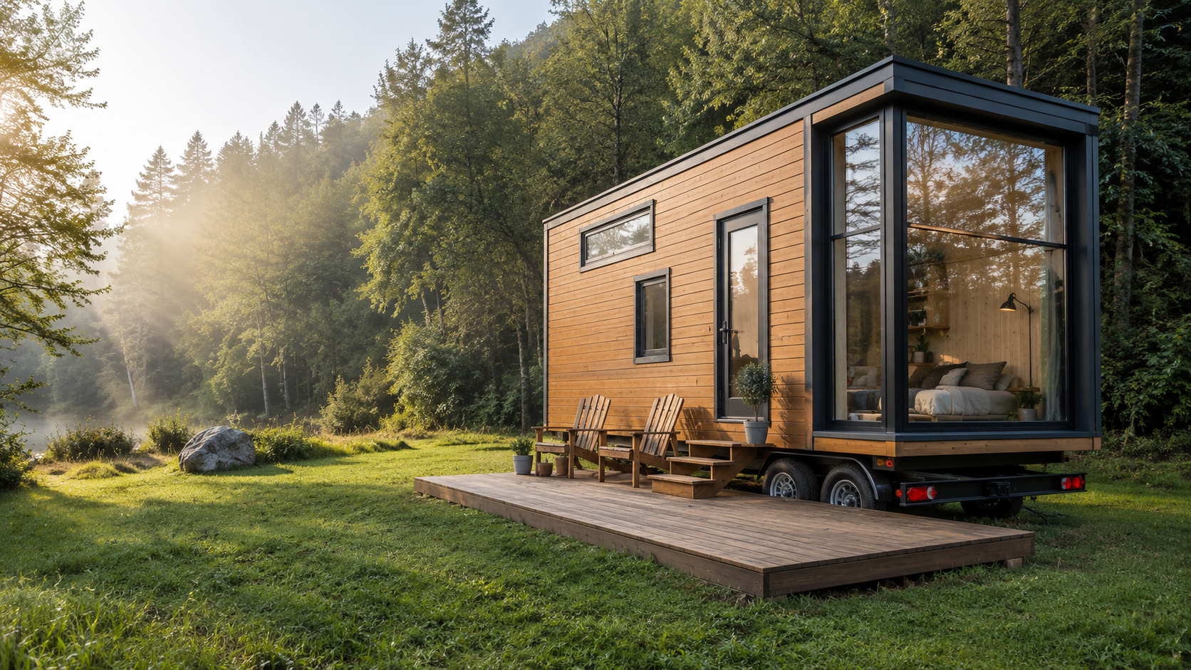 Une petite tiny house moderne sur roues, grande baie vitrée et terrasse en bois, dans une clairière en lisière de forêt