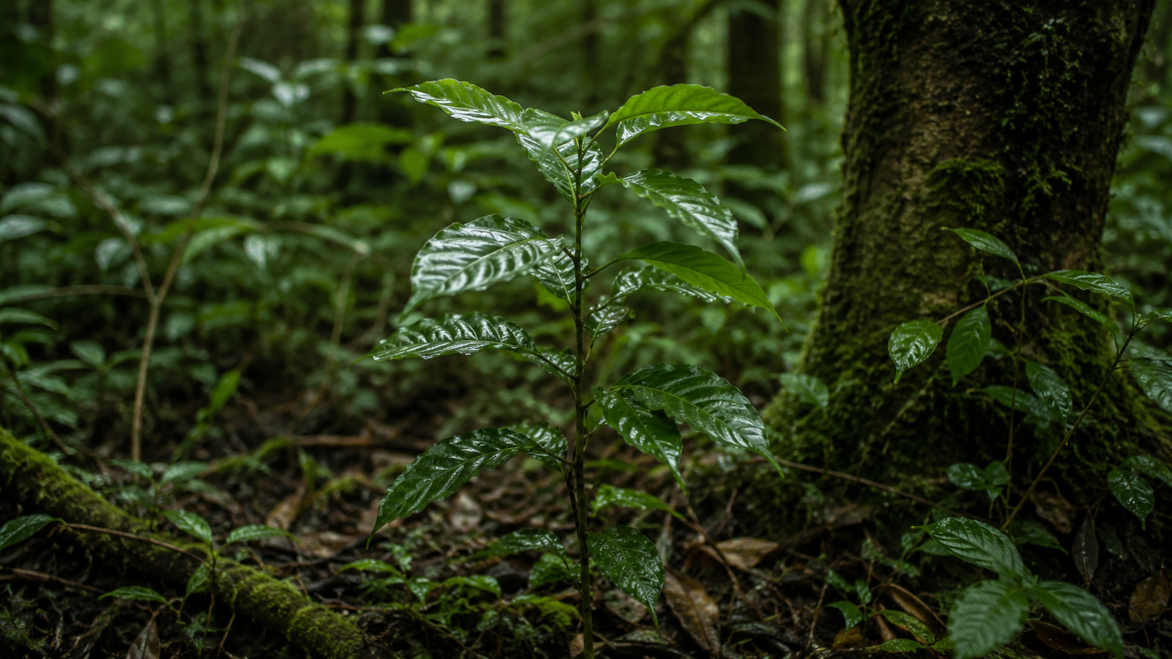 Jeune plant de caféier sauvage dans le sous-bois d'une forêt tropicale, lumière tamisée