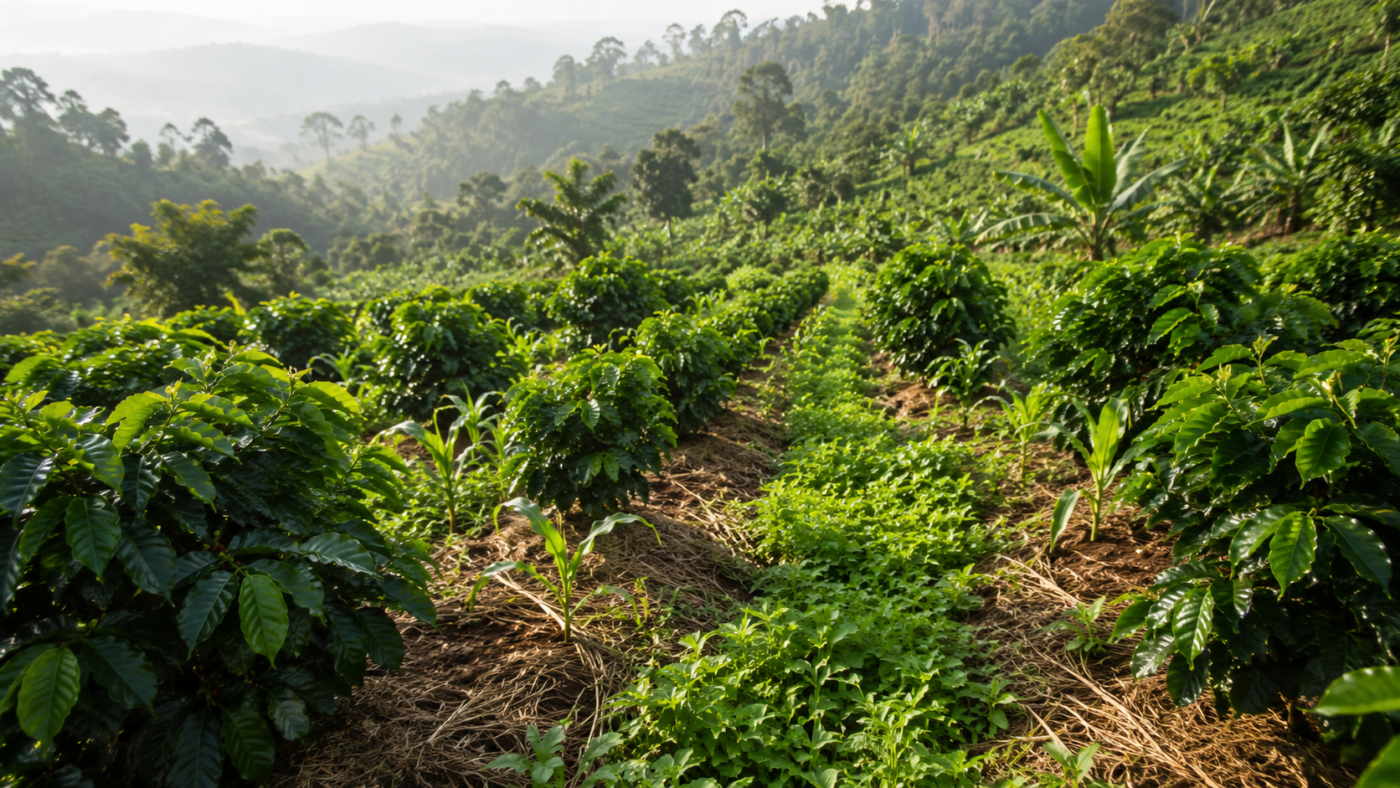 Plantation de caféiers robusta sur des collines ougandaises avec des cultures de couverture entre les rangs