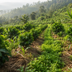 Plantation de caféiers robusta sur des collines ougandaises avec des cultures de couverture entre les rangs