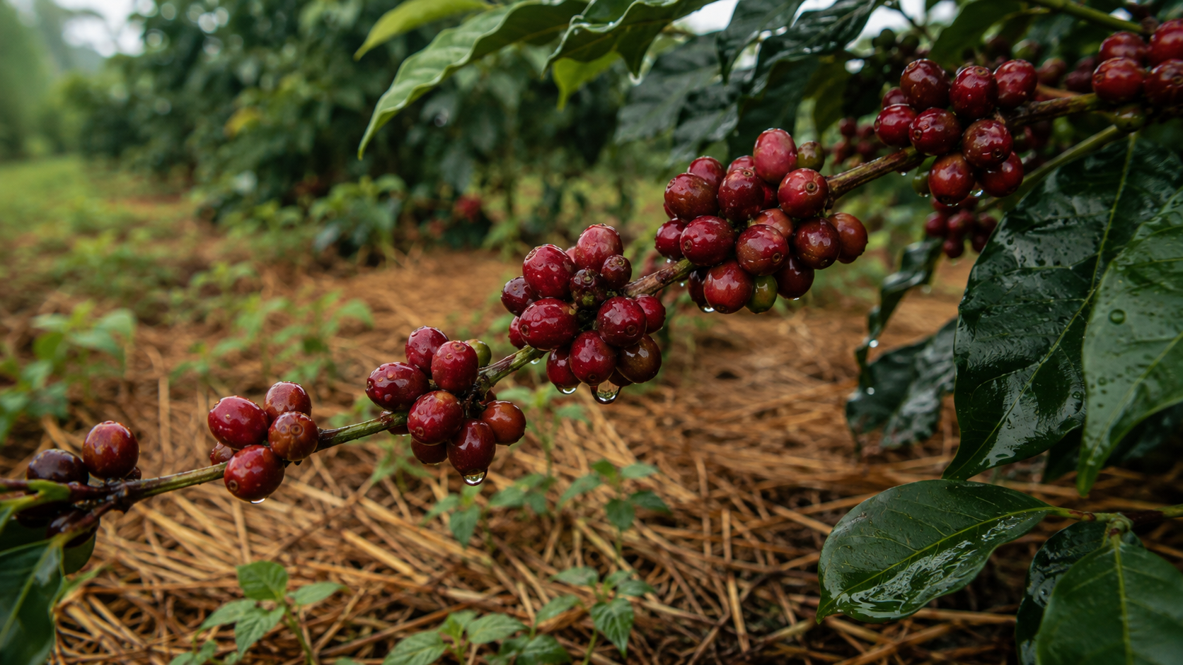Cerises de café robusta mûres sur une branche, au-dessus d'un sol paillé