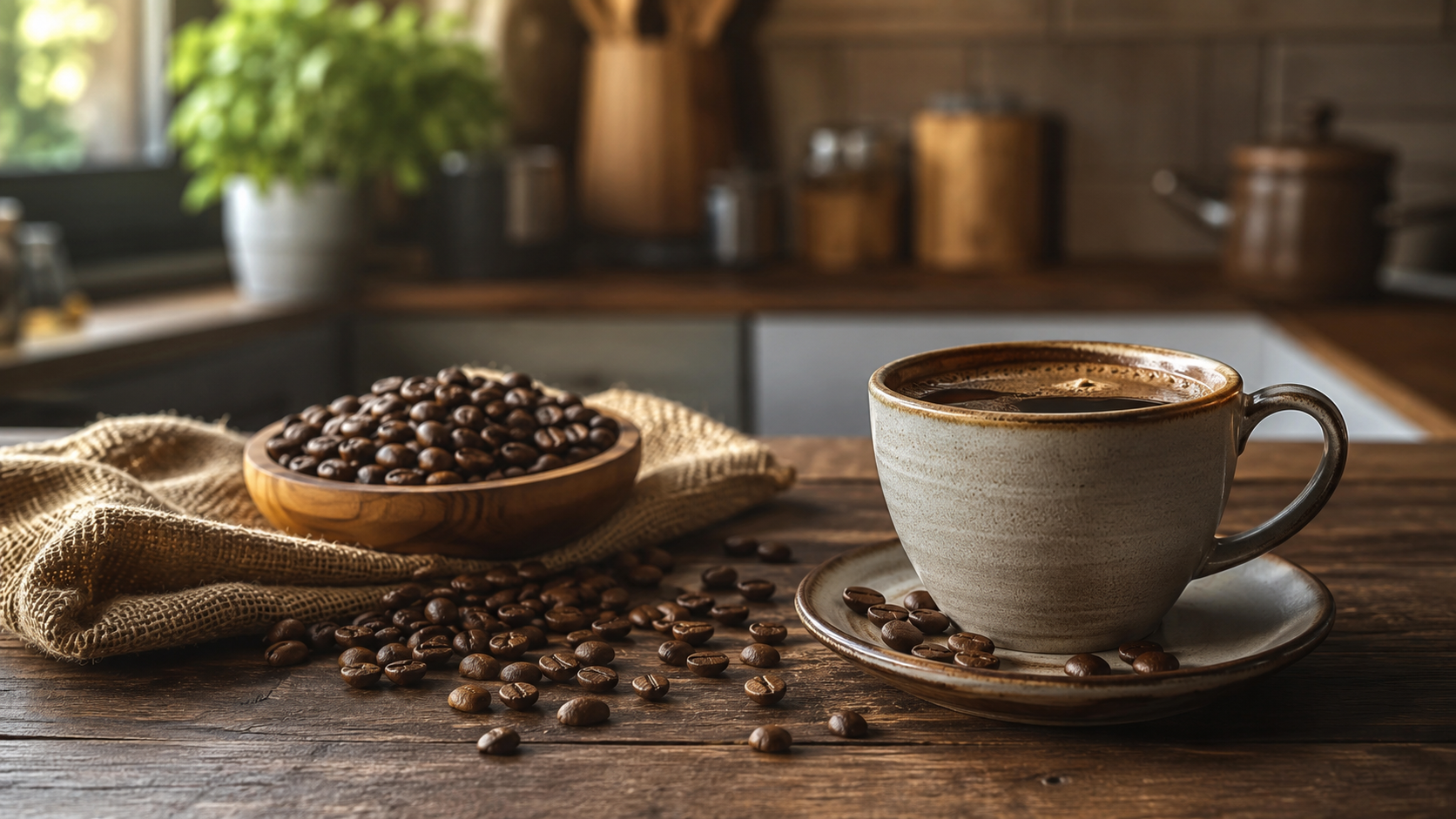 Une tasse de café et des grains torréfiés sur une table de cuisine en bois